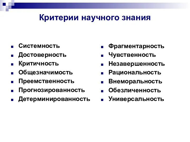 Критерии научного знания Системность Достоверность Критичность Общезначимость Преемственность Прогнозированность Детерминированность