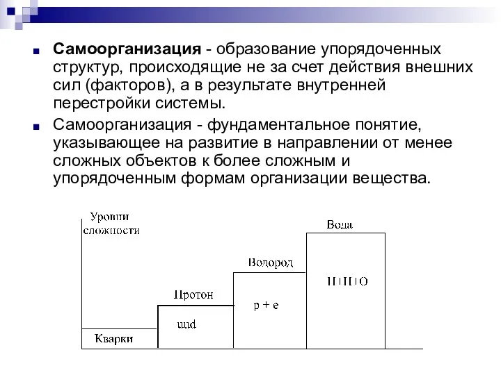 Самоорганизация - образование упорядоченных структур, происходящие не за счет действия