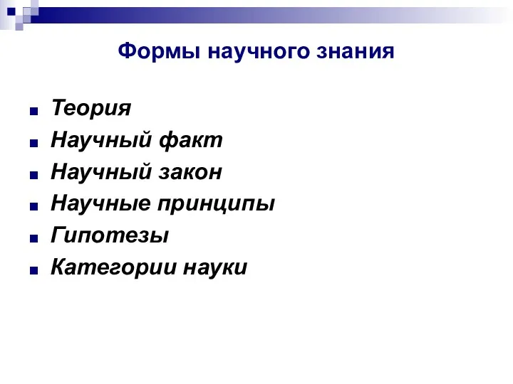 Формы научного знания Теория Научный факт Научный закон Научные принципы Гипотезы Категории науки