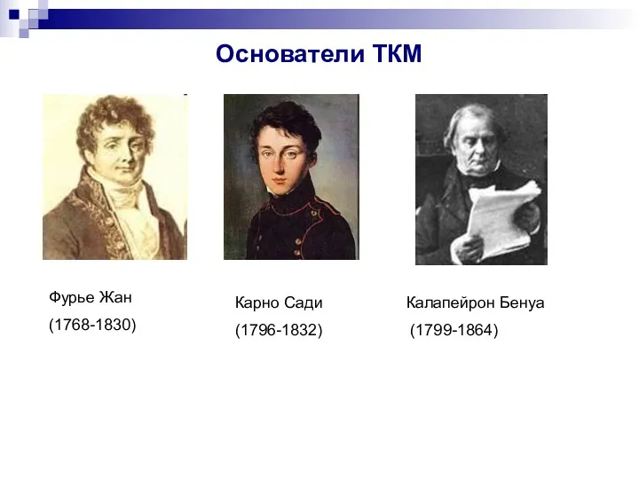 Основатели ТКМ Фурье Жан (1768-1830) Карно Сади (1796-1832) Калапейрон Бенуа (1799-1864)