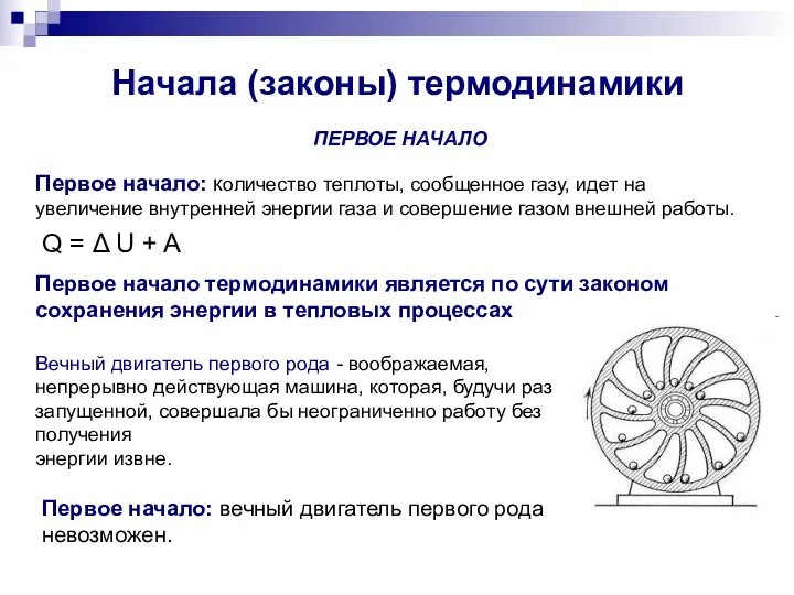 Начала (законы) термодинамики Первое начало: количество теплоты, сообщенное газу, идет