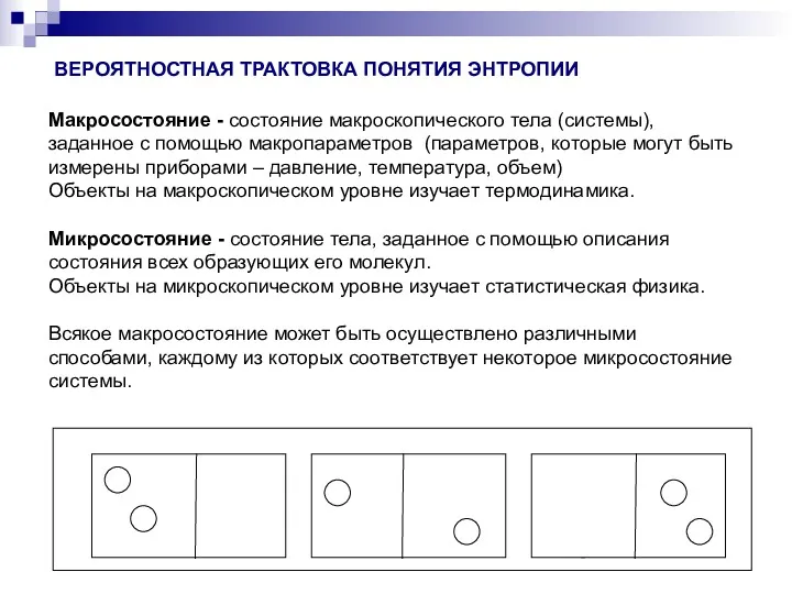 ВЕРОЯТНОСТНАЯ ТРАКТОВКА ПОНЯТИЯ ЭНТРОПИИ Макросостояние - состояние макроскопического тела (системы),