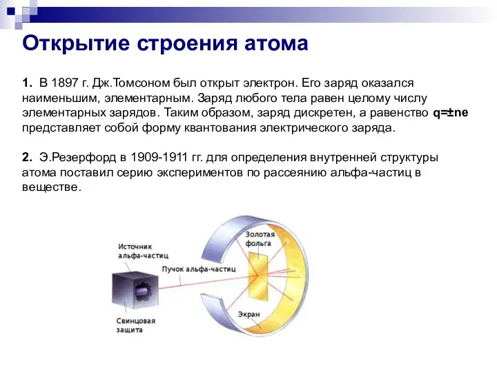 Открытие строения атома 1. В 1897 г. Дж.Томсоном был открыт