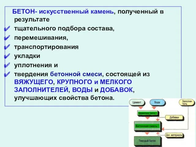 БЕТОН- искусственный камень, полученный в результате тщательного подбора состава, перемешивания,