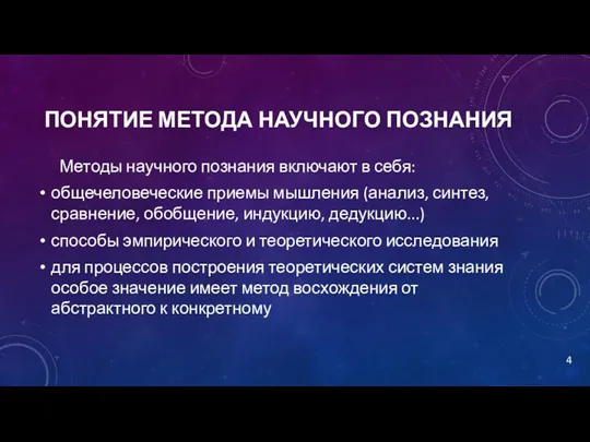 ПОНЯТИЕ МЕТОДА НАУЧНОГО ПОЗНАНИЯ Методы научного познания включают в себя: