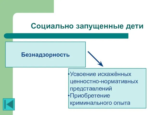 Социально запущенные дети Безнадзорность Усвоение искажённых ценностно-нормативных представлений Приобретение криминального опыта