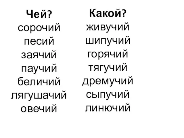 Чей? сорочий песий заячий паучий беличий лягушачий овечий Какой? живучий шипучий горячий тягучий дремучий сыпучий линючий