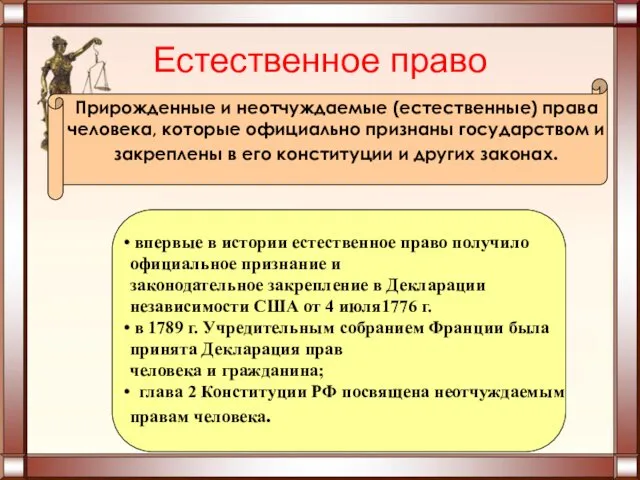 Естественное право Прирожденные и неотчуждаемые (естественные) права человека, которые официально