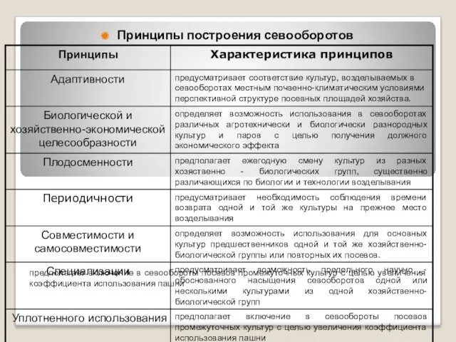 предполагает включение в севообороты посевов промежуточных культур с целью увеличения коэффициента использования пашни Принципы построения севооборотов