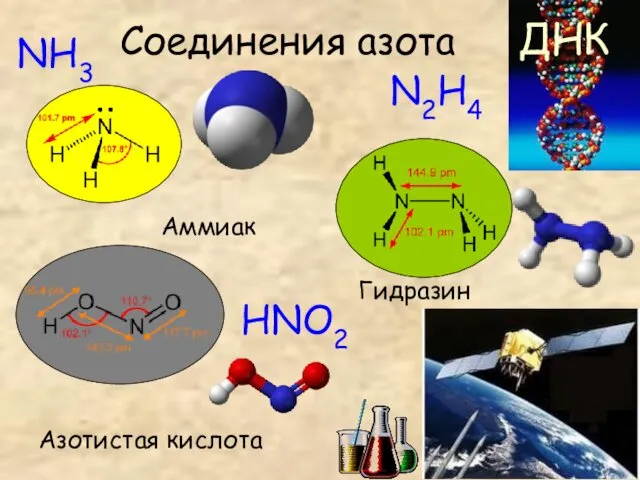 Соединения азота Аммиак Гидразин Азотистая кислота ДНК NH3 N2H4 HNO2