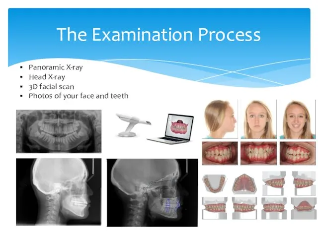 The Examination Process Panoramic X-ray Head X-ray 3D facial scan Photos of your face and teeth