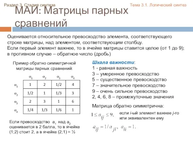 МАИ: Матрицы парных сравнений Пример обратно симметричной матрицы парных сравнений: Шкала важности: 1