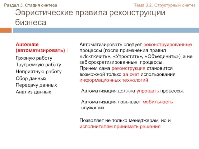 Эвристические правила реконструкции бизнеса Automate (автоматизировать) : Грязную работу Трудоемкую работу Неприятную работу