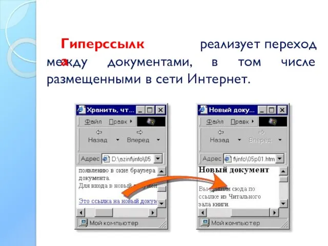 реализует переход между документами, в том числе размещенными в сети Интернет. Гиперссылка