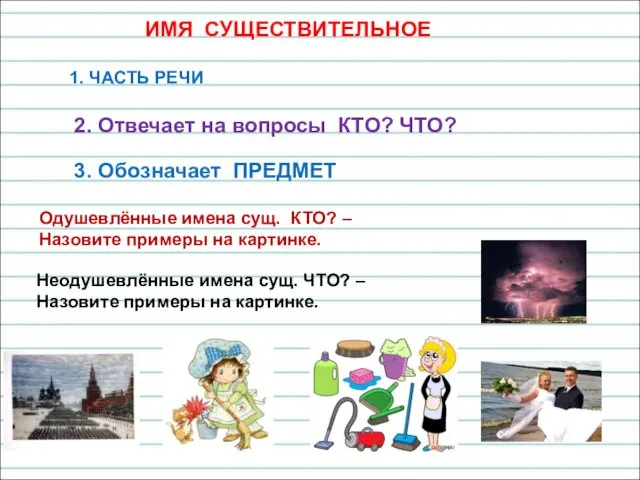 ИМЯ СУЩЕСТВИТЕЛЬНОЕ 1. ЧАСТЬ РЕЧИ 2. Отвечает на вопросы КТО?