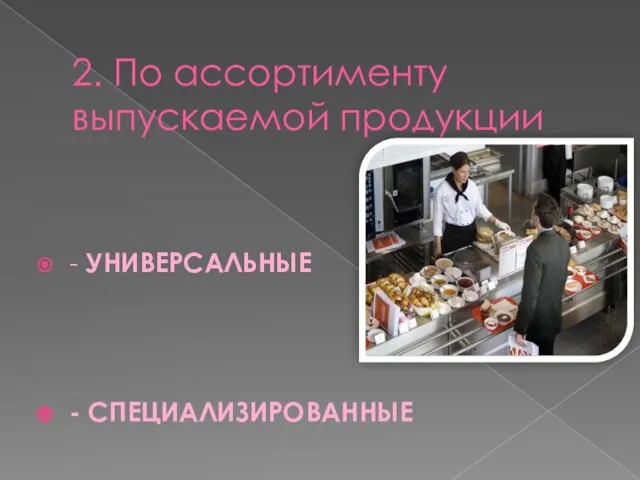 2. По ассортименту выпускаемой продукции - УНИВЕРСАЛЬНЫЕ - СПЕЦИАЛИЗИРОВАННЫЕ