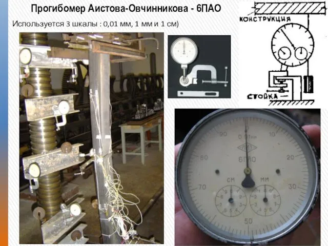 Прогибомер Аистова-Овчинникова - 6ПАО Используется 3 шкалы : 0,01 мм, 1 мм и 1 см)