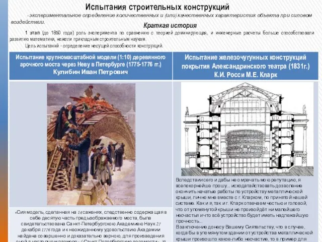 Испытания строительных конструкций Краткая история 1 этап (до 1850 года) роль эксперимента по