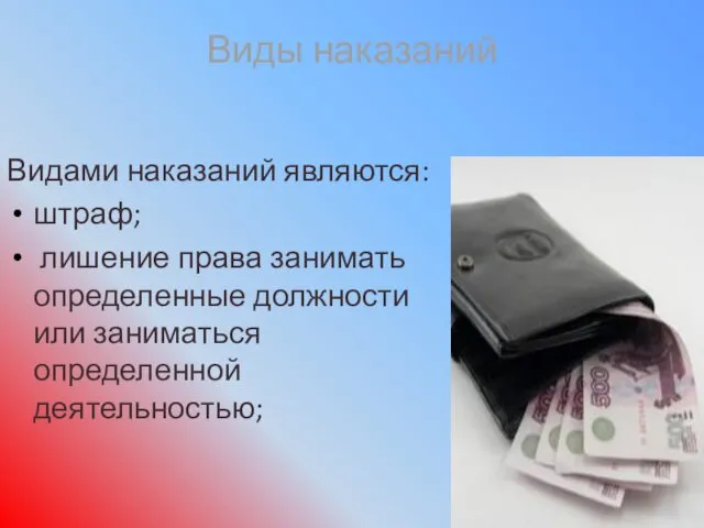 Виды наказаний Видами наказаний являются: штраф; лишение права занимать определенные должности или заниматься определенной деятельностью;