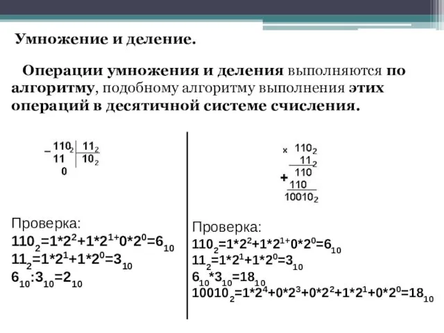 Операции умножения и деления выполняются по алгоритму, подобному алгоритму выполнения