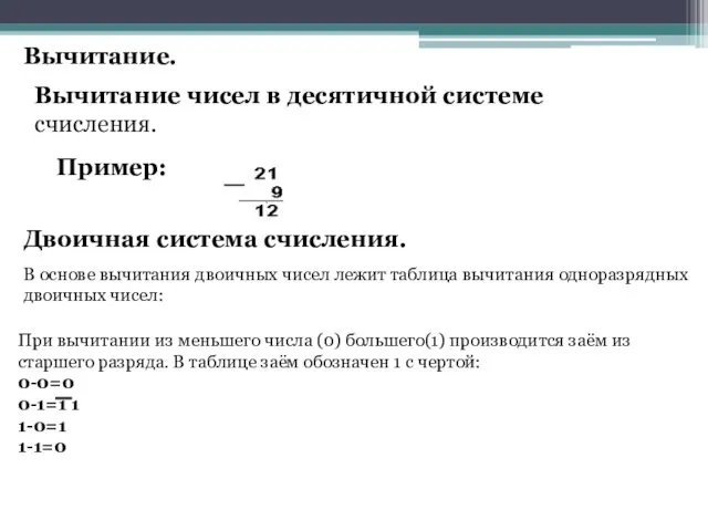 Вычитание. Вычитание чисел в десятичной системе счисления. Пример: Двоичная система