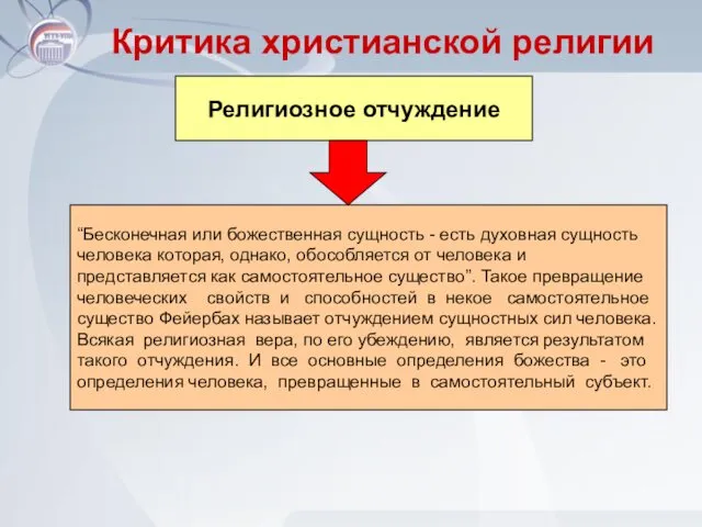 Критика христианской религии Религиозное отчуждение “Бесконечная или божественная сущность -