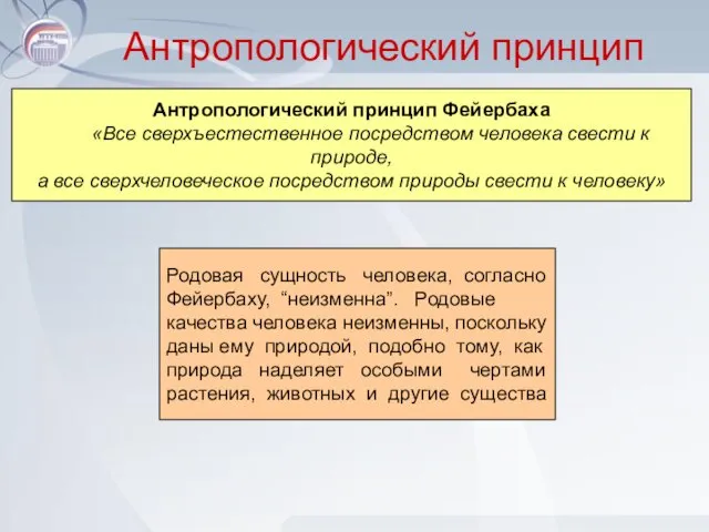 Антропологический принцип Антропологический принцип Фейербаха «Все сверхъестественное посредством человека свести