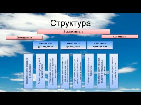 Структура Руководитель Советники Помощники Управление регулирования перевозок Управление организации использования