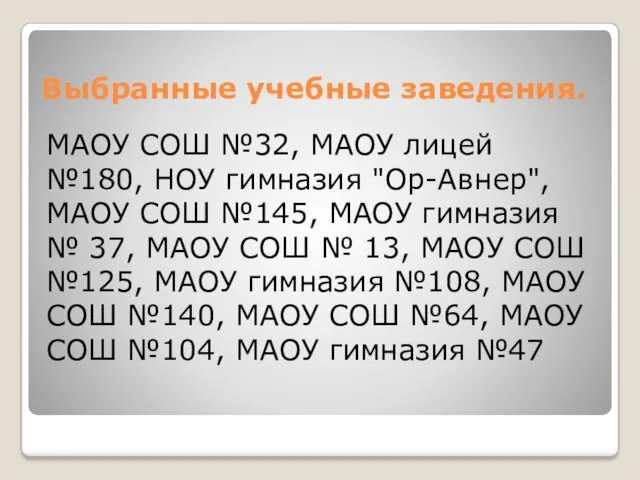 Выбранные учебные заведения. МАОУ СОШ №32, МАОУ лицей №180, НОУ