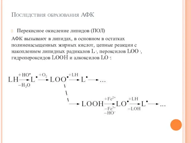 Последствия образования АФК Перекисное окисление липидов (ПОЛ) АФК вызывают в