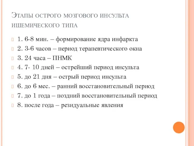 Этапы острого мозгового инсульта ишемического типа 1. 6-8 мин. –