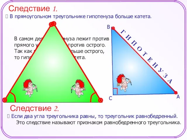 Следствие 2. Если два угла треугольника равны, то треугольник равнобедренный.