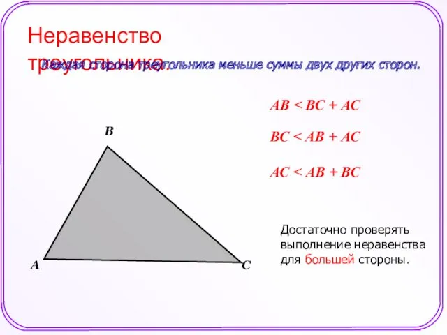 Неравенство треугольника. Каждая сторона треугольника меньше суммы двух других сторон.