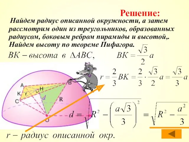 Найдем радиус описанной окружности, а затем рассмотрим один из треугольников,