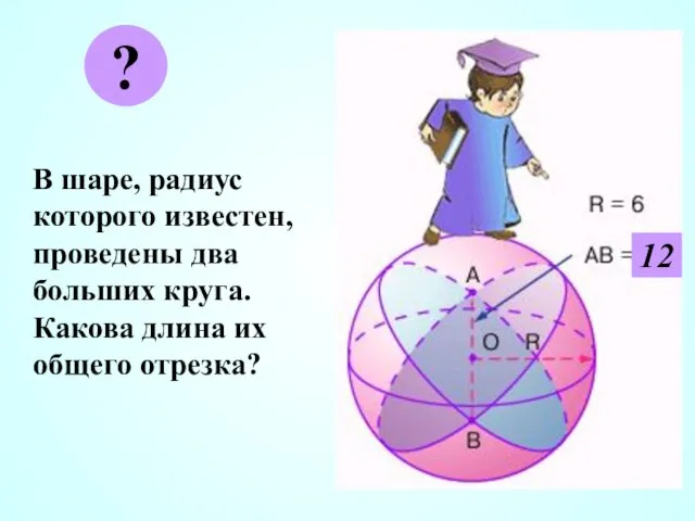 В шаре, радиус которого известен, проведены два больших круга. Какова длина их общего отрезка? ? 12