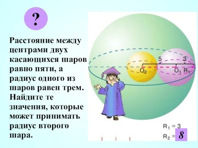 Расстояние между центрами двух касающихся шаров равно пяти, а радиус