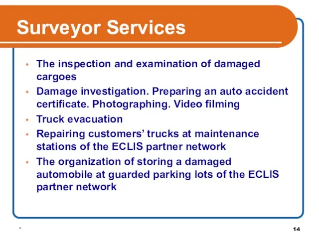 * Surveyor Services The inspection and examination of damaged cargoes