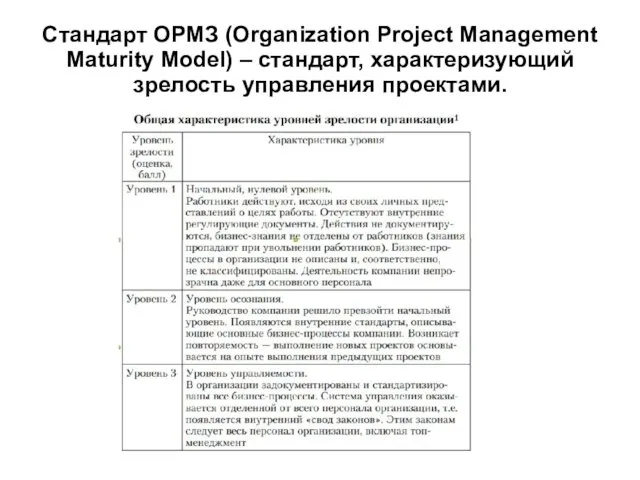 Стандарт ОРМЗ (Organization Project Management Maturity Model) – стандарт, характеризующий зрелость управления проектами.