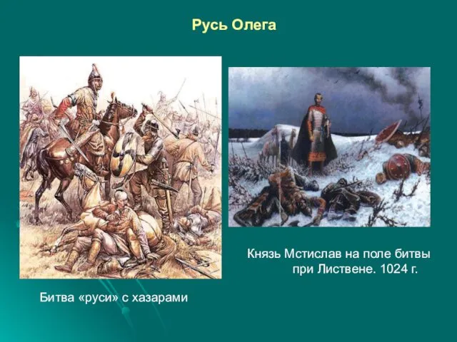 Русь Олега Битва «руси» с хазарами Князь Мстислав на поле битвы при Листвене. 1024 г.