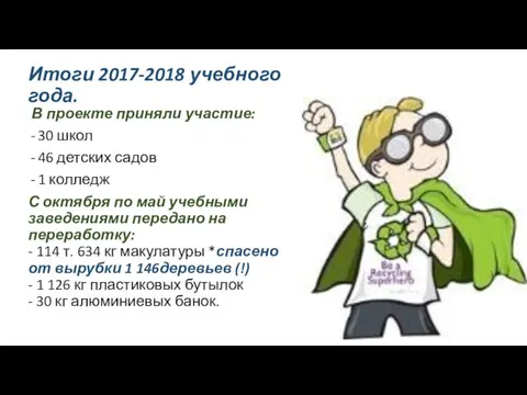 Итоги 2017-2018 учебного года. В проекте приняли участие: 30 школ