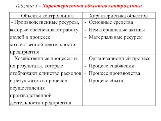 Таблица 1 - Характеристика объектов контроллинга