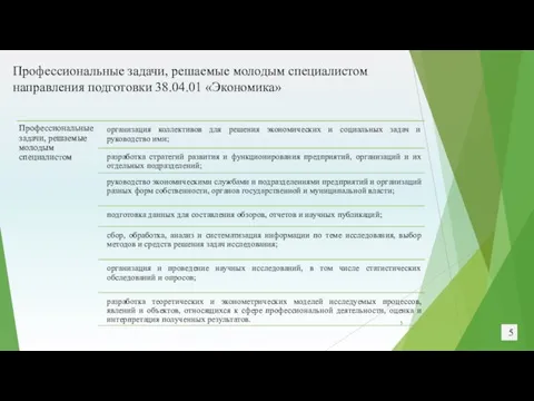 Профессиональные задачи, решаемые молодым специалистом направления подготовки 38.04.01 «Экономика»