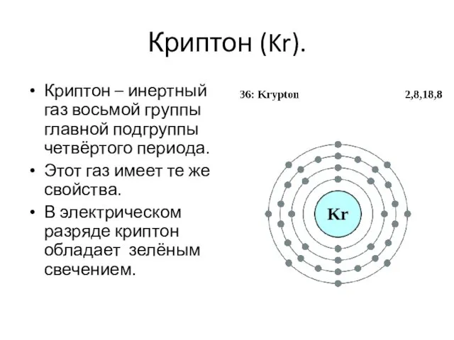 Криптон (Kr). Криптон – инертный газ восьмой группы главной подгруппы