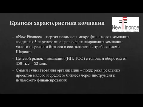 Краткая характеристика компании «New Finance» – первая исламская микро финансовая