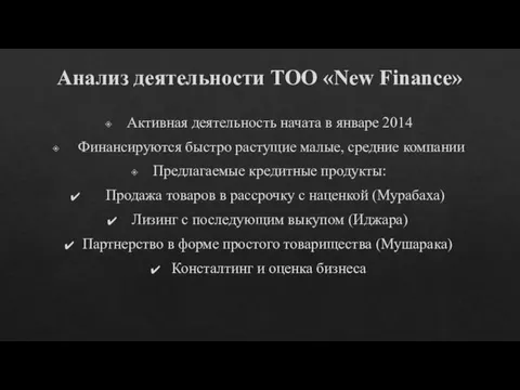 Анализ деятельности ТОО «New Finance» Активная деятельность начата в январе