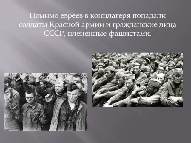 Помимо евреев в концлагеря попадали солдаты Красной армии и гражданские лица СССР, плененные фашистами.