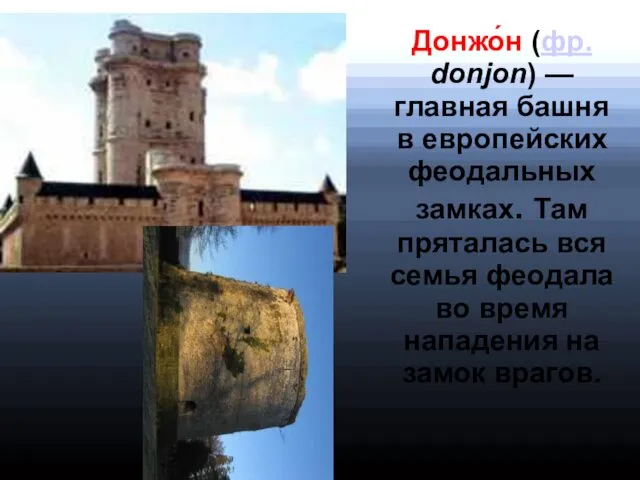 Донжо́н (фр. donjon) — главная башня в европейских феодальных замках. Там пряталась вся