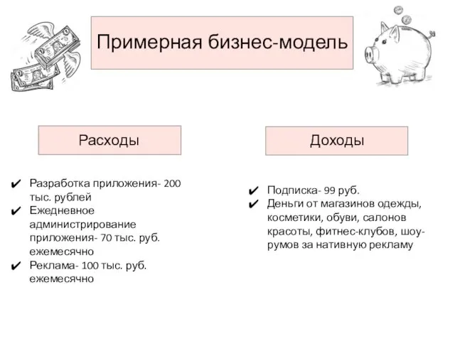 Примерная бизнес-модель Расходы Доходы Разработка приложения- 200 тыс. рублей Ежедневное