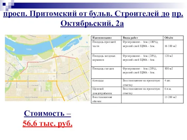 просп. Притомский от бульв. Строителей до пр. Октябрьский, 2а Стоимость – 56,6 тыс. руб.