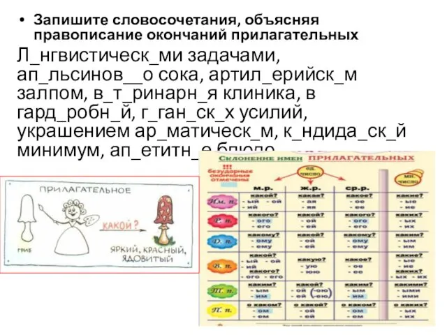 Запишите словосочетания, объясняя правописание окончаний прилагательных Л_нгвистическ_ми задачами, ап_льсинов__о сока,